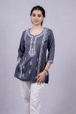 Chikankari Floral Embroidery Short Kurti (Mist Blue)