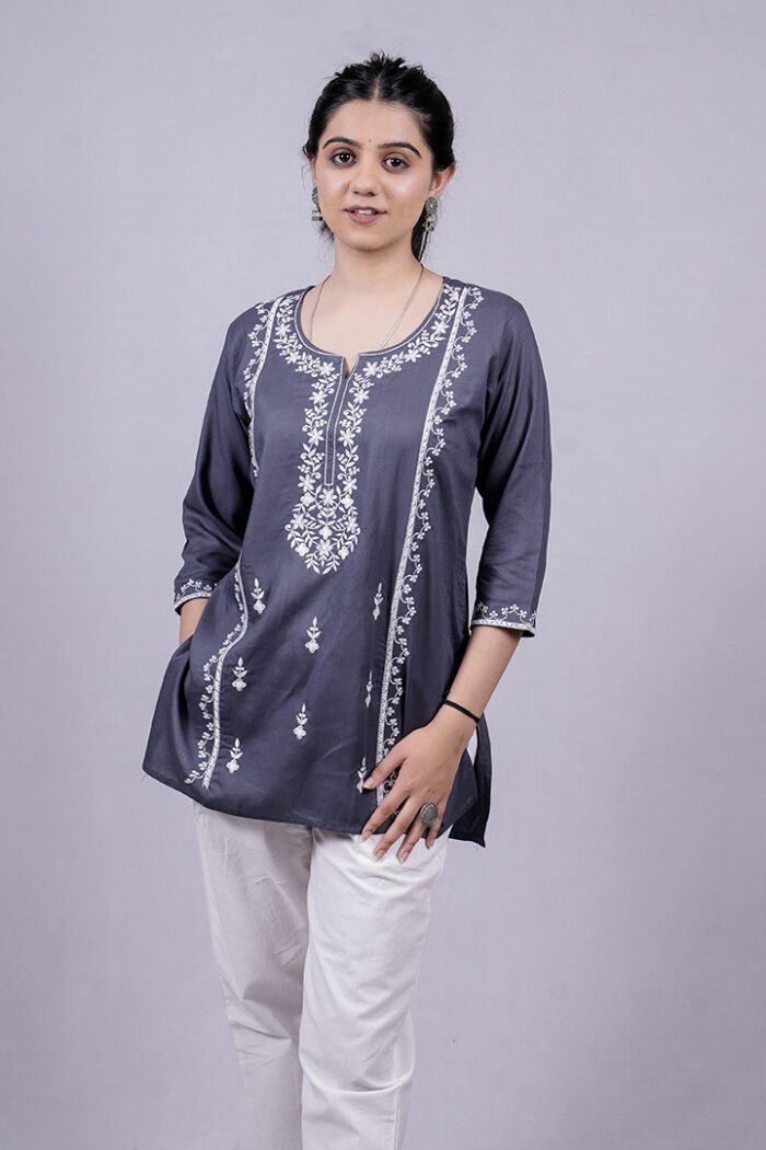 Chikankari Floral Embroidery Short Kurti (Mist Blue) - Image 1