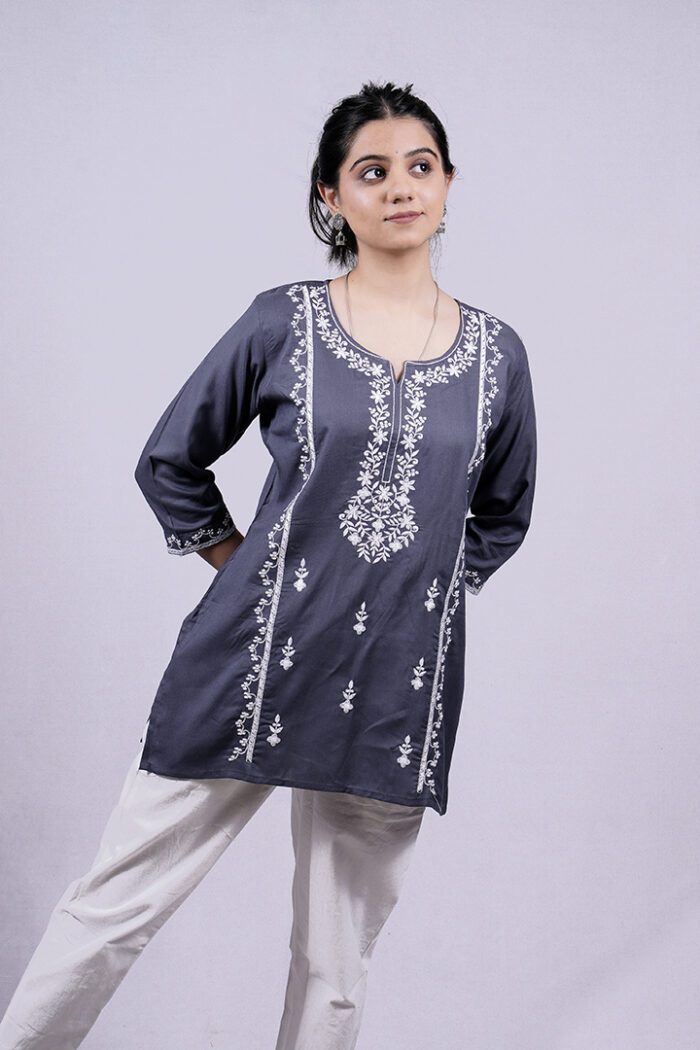 Chikankari Floral Embroidery Short Kurti (Mist Blue) - Image 4