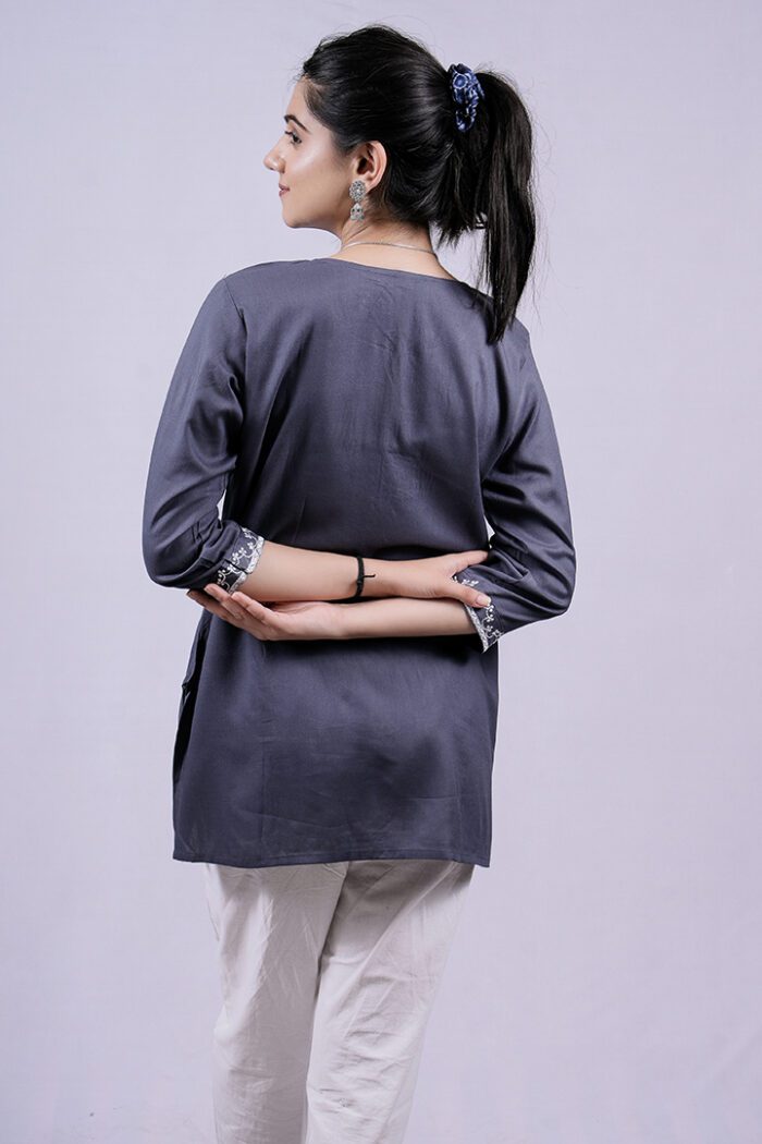 Chikankari Floral Embroidery Short Kurti (Mist Blue) - Image 7