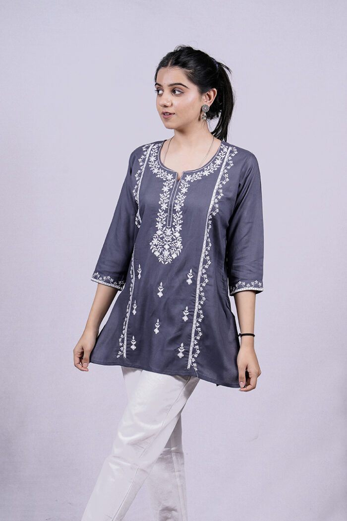 Chikankari Floral Embroidery Short Kurti (Mist Blue) - Image 6