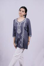 Chikankari Floral Embroidery Short Kurti (Mist Blue) - Image 2