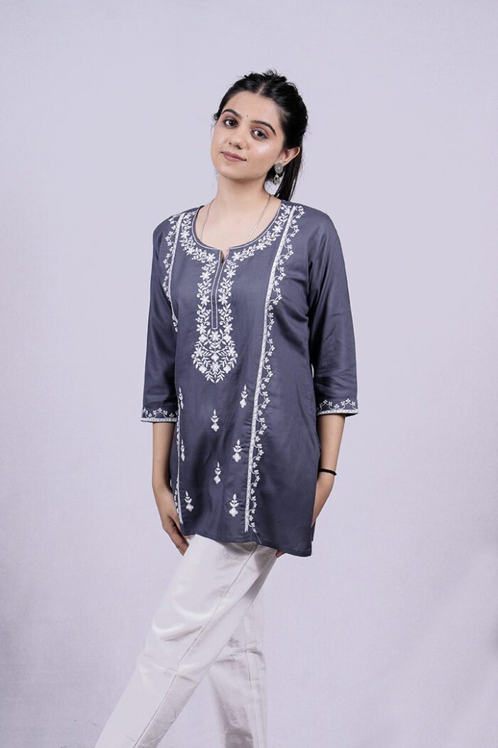 Chikankari Floral Embroidery Short Kurti (Mist Blue) - Image 2