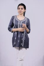 Chikankari Floral Embroidery Short Kurti (Mist Blue) - Image 5
