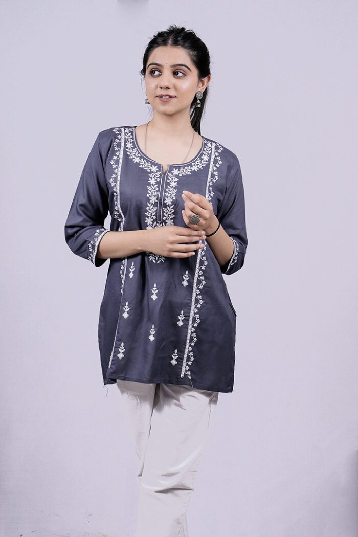 Chikankari Floral Embroidery Short Kurti (Mist Blue) - Image 5