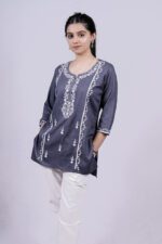 Chikankari Floral Embroidery Short Kurti (Mist Blue) - Image 3