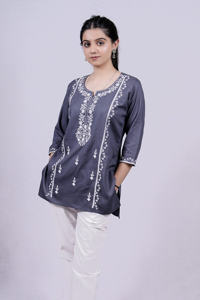 Chikankari Floral Embroidery Short Kurti (Mist Blue) - Image 3