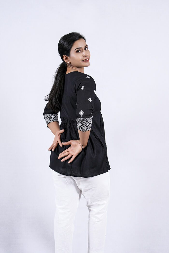 Chikankari Argyle Embroidery Short Kurti (Black) - Image 7