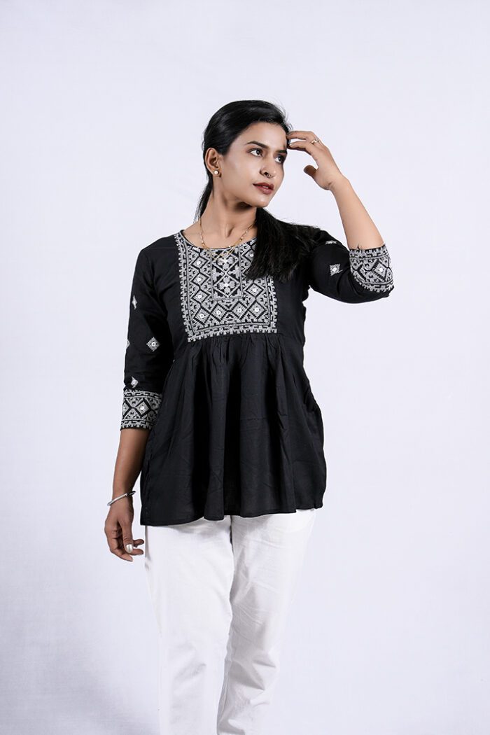 Chikankari Argyle Embroidery Short Kurti (Black) - Image 1