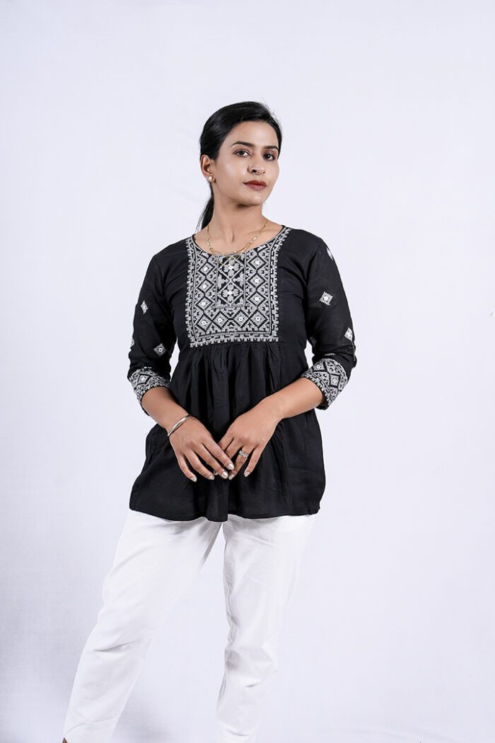 Chikankari Argyle Embroidery Short Kurti (Black) - Image 2
