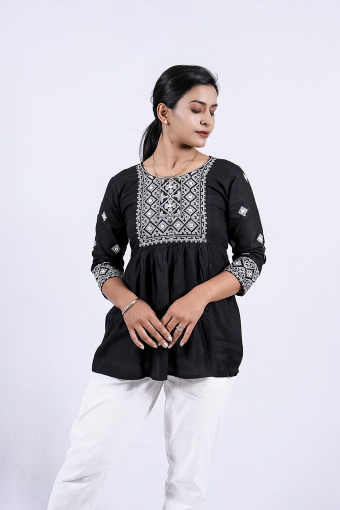 Chikankari Argyle Embroidery Short Kurti (Black) - Image 3