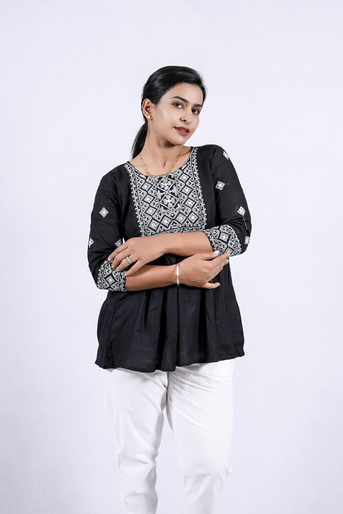 Chikankari Argyle Embroidery Short Kurti (Black) - Image 4