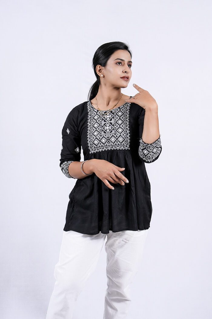Chikankari Argyle Embroidery Short Kurti (Black) - Image 5