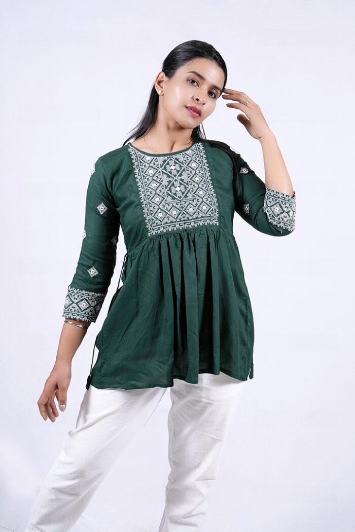 Chikankari Argyle Embroidery Short Kurti (Ever Glade) - Image 3