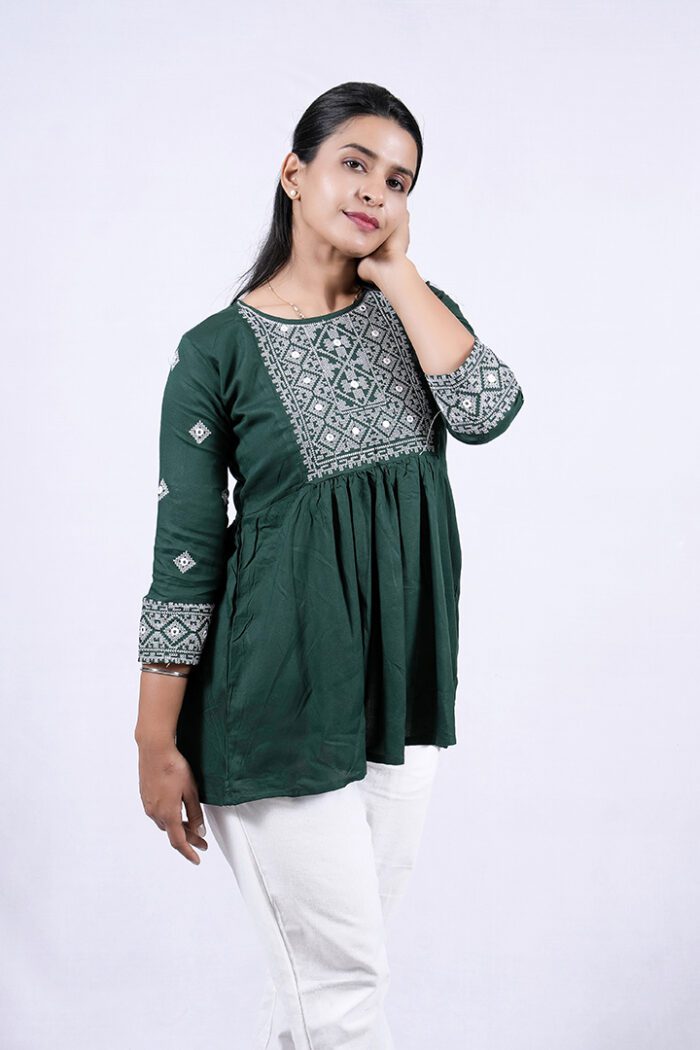 Chikankari Argyle Embroidery Short Kurti (Ever Glade) - Image 2