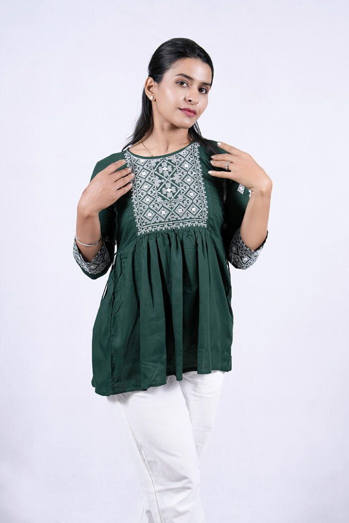 Chikankari Argyle Embroidery Short Kurti (Ever Glade) - Image 1
