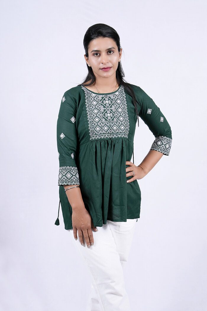 Chikankari Argyle Embroidery Short Kurti (Ever Glade) - Image 4
