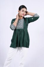 Chikankari Argyle Embroidery Short Kurti (Ever Glade) - Image 6