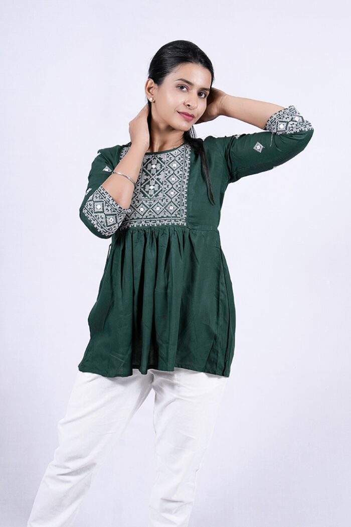 Chikankari Argyle Embroidery Short Kurti (Ever Glade) - Image 6