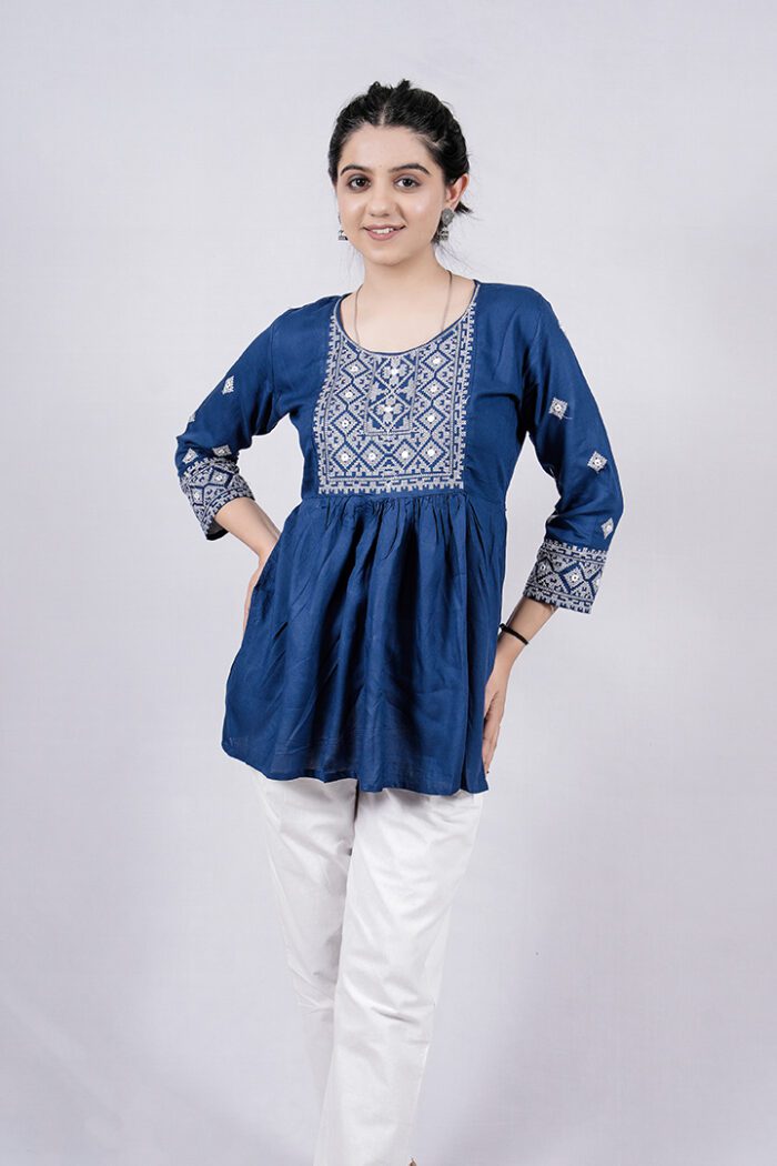 Chikankari Argyle Embroidery Short Kurti (Regal Blue) - Image 1