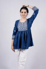Chikankari Argyle Embroidery Short Kurti (Regal Blue) - Image 2