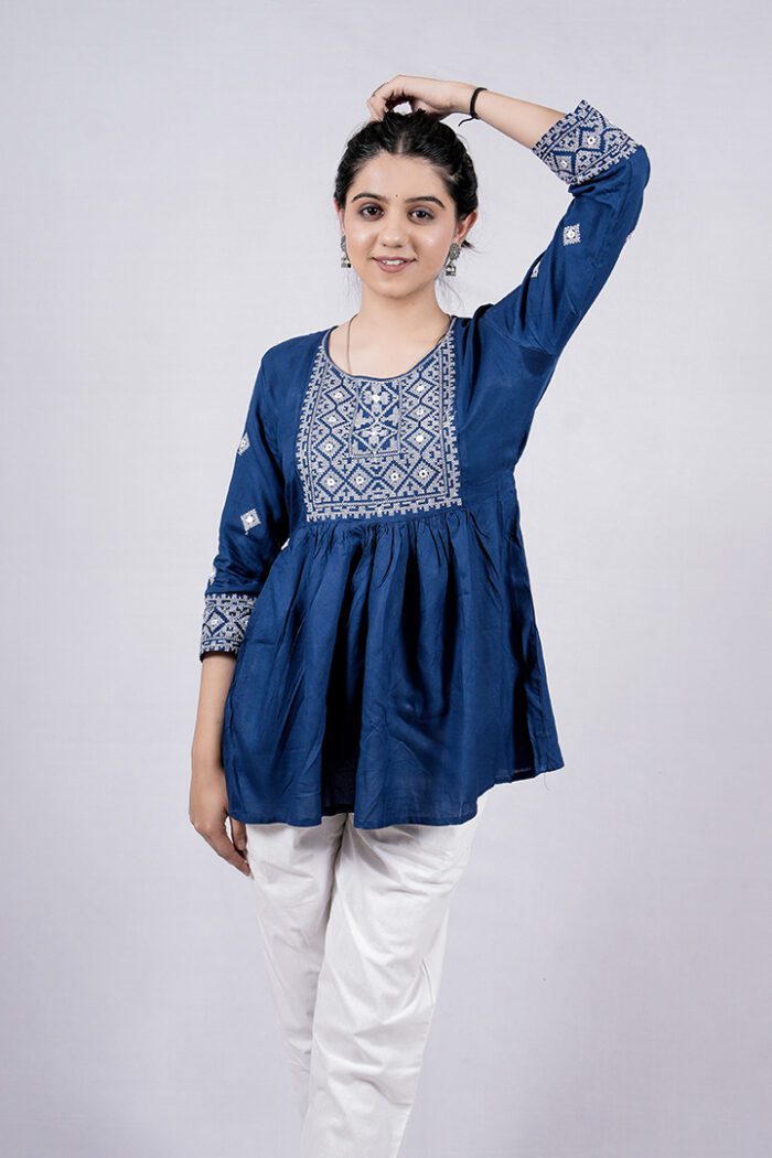 Chikankari Argyle Embroidery Short Kurti (Regal Blue) - Image 2