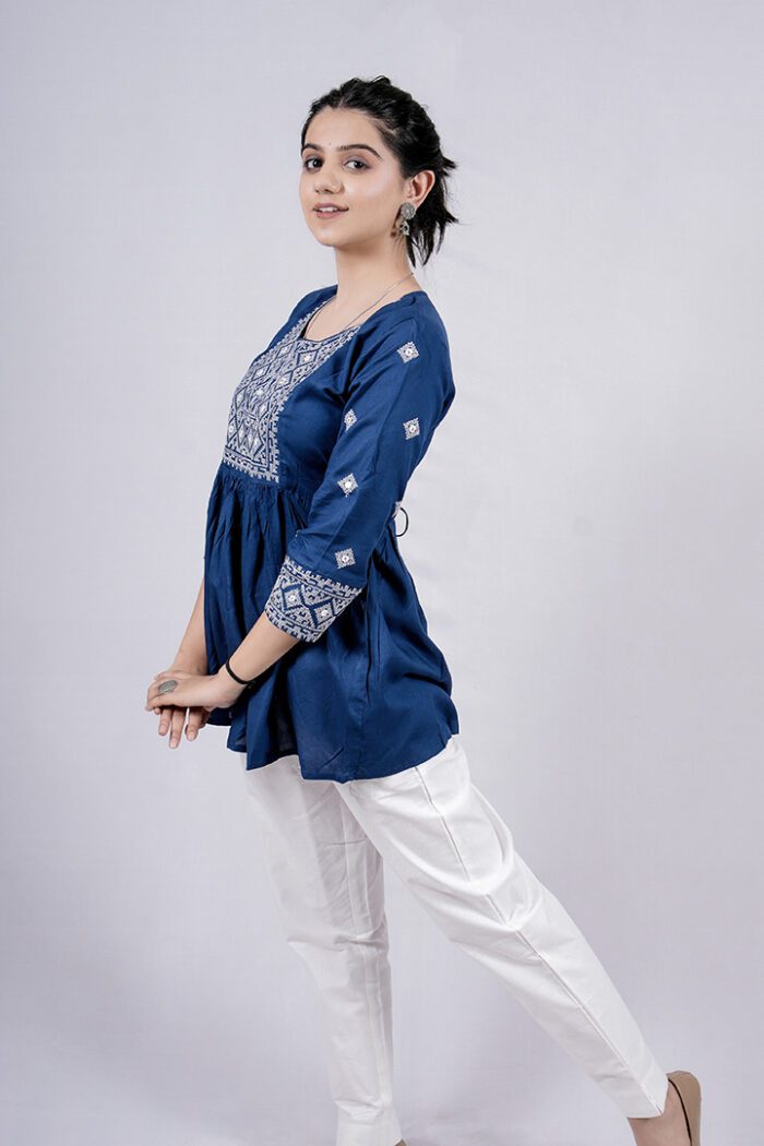 Chikankari Argyle Embroidery Short Kurti (Regal Blue) - Image 3