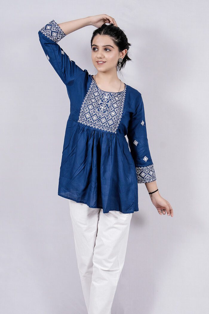 Chikankari Argyle Embroidery Short Kurti (Regal Blue) - Image 4