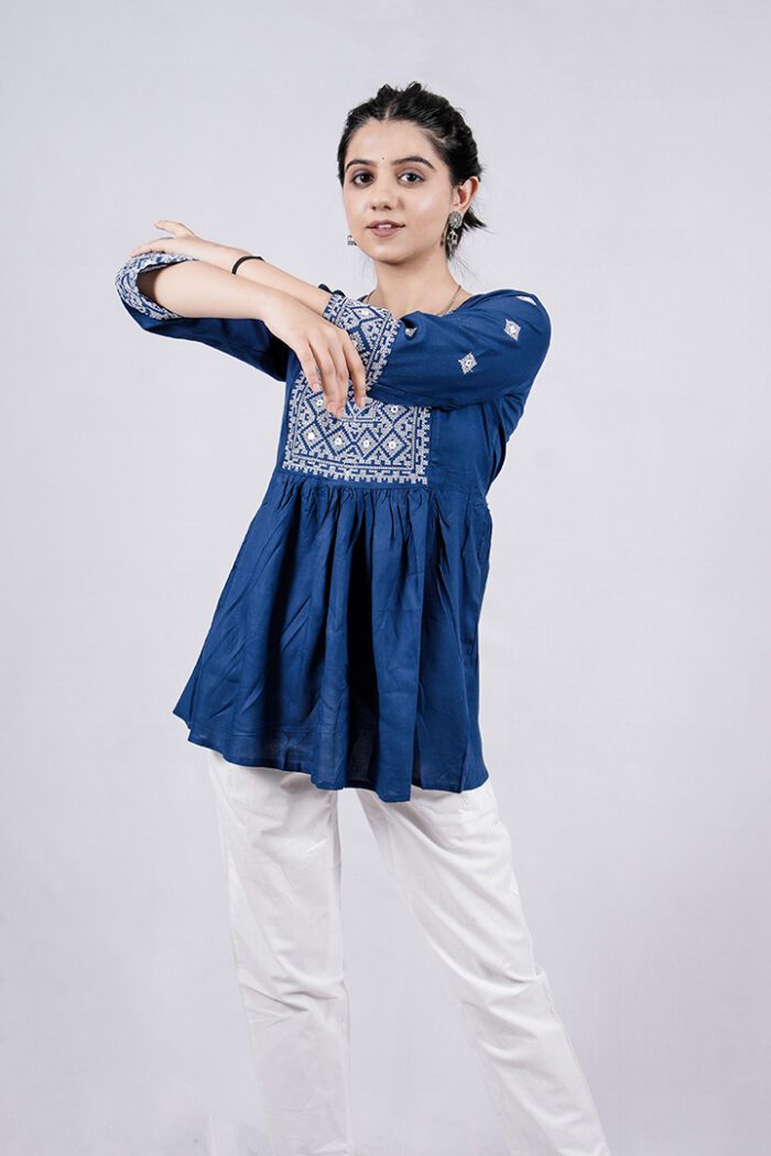 Chikankari Argyle Embroidery Short Kurti (Regal Blue) - Image 5
