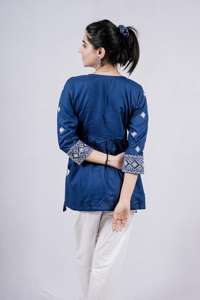 Chikankari Argyle Embroidery Short Kurti (Regal Blue) - Image 7