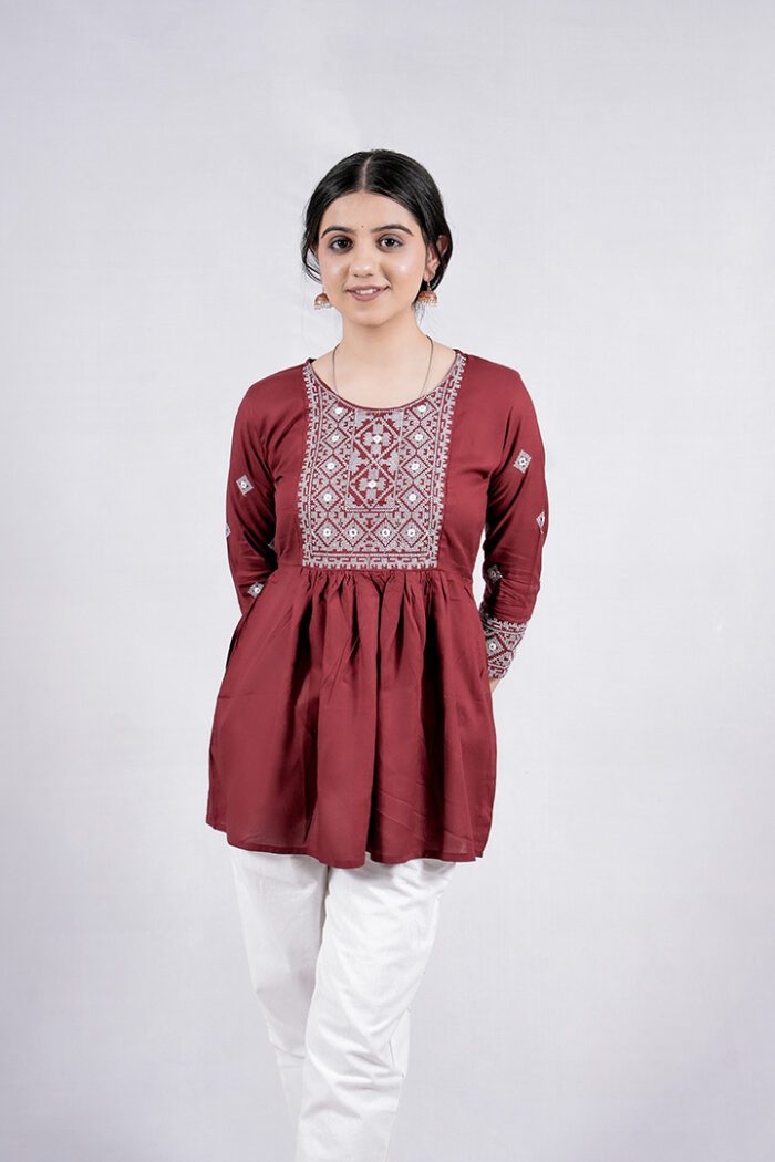 Chikankari Argyle Embroidery Short Kurti (Wine) - Image 1