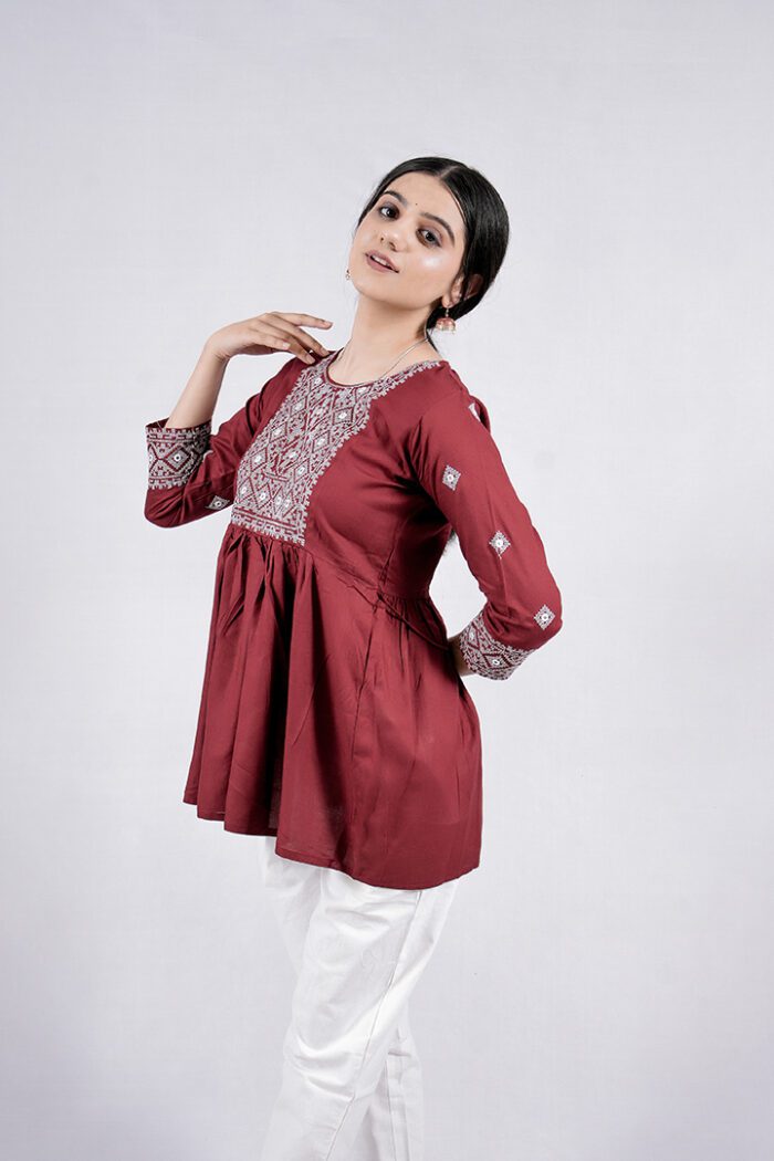 Chikankari Argyle Embroidery Short Kurti (Wine) - Image 6