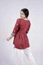 Chikankari Argyle Embroidery Short Kurti (Wine) - Image 7