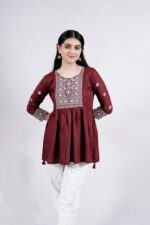Chikankari Argyle Embroidery Short Kurti (Wine) - Image 2