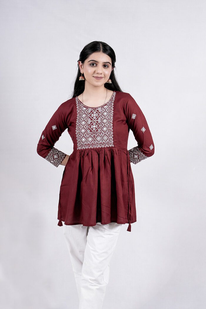 Chikankari Argyle Embroidery Short Kurti (Wine) - Image 2
