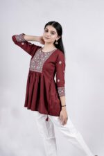 Chikankari Argyle Embroidery Short Kurti (Wine) - Image 3
