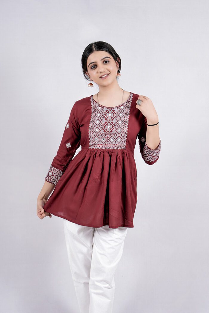Chikankari Argyle Embroidery Short Kurti (Wine) - Image 4