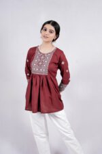 Chikankari Argyle Embroidery Short Kurti (Wine) - Image 5