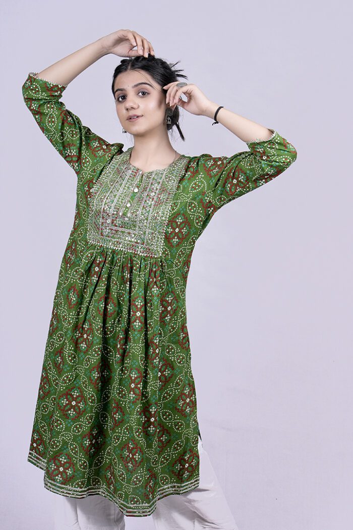Printed and Embellished Straight Long Kurti with Plazo Pant (Green) - Image 6