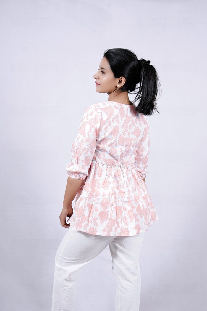 Floral Printed Blend Flared Short Kurti (Sea Pink) - Image 7