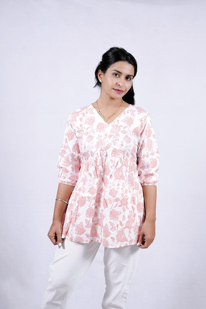 Floral Printed Blend Flared Short Kurti (Sea Pink) - Image 1