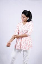 Floral Printed Blend Flared Short Kurti (Sea Pink) - Image 2