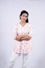 Floral Printed Blend Flared Short Kurti (Sea Pink) - Image 3