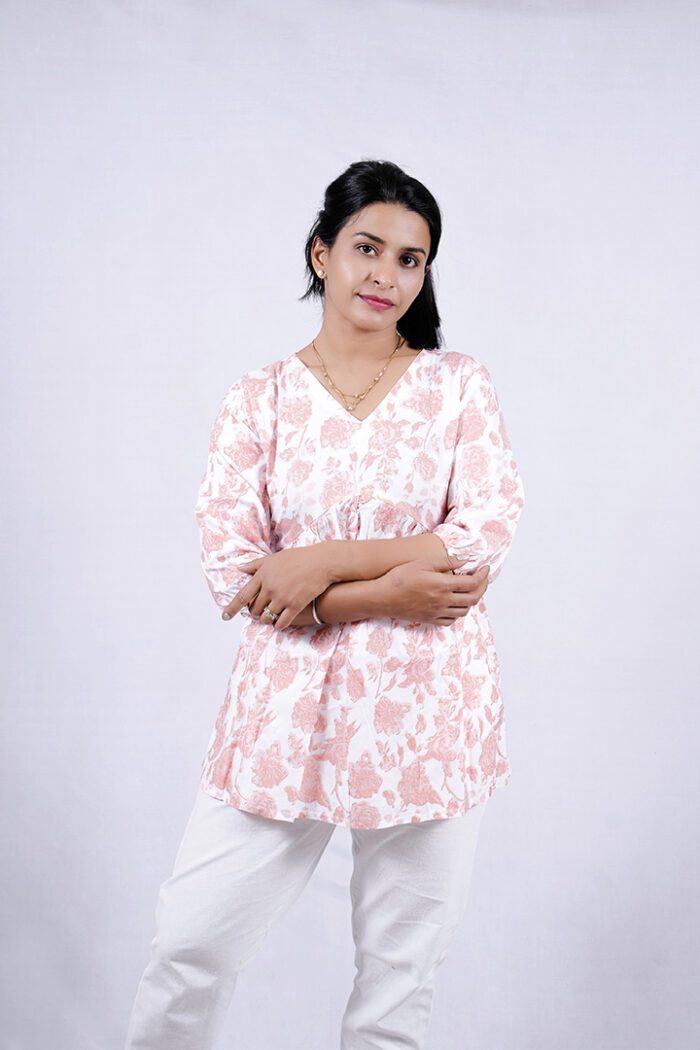 Floral Printed Blend Flared Short Kurti (Sea Pink) - Image 3