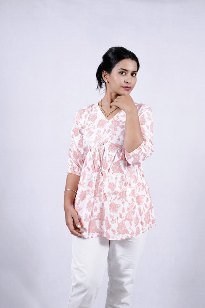 Floral Printed Blend Flared Short Kurti (Sea Pink) - Image 6