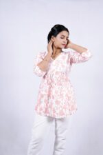 Floral Printed Blend Flared Short Kurti (Sea Pink) - Image 5
