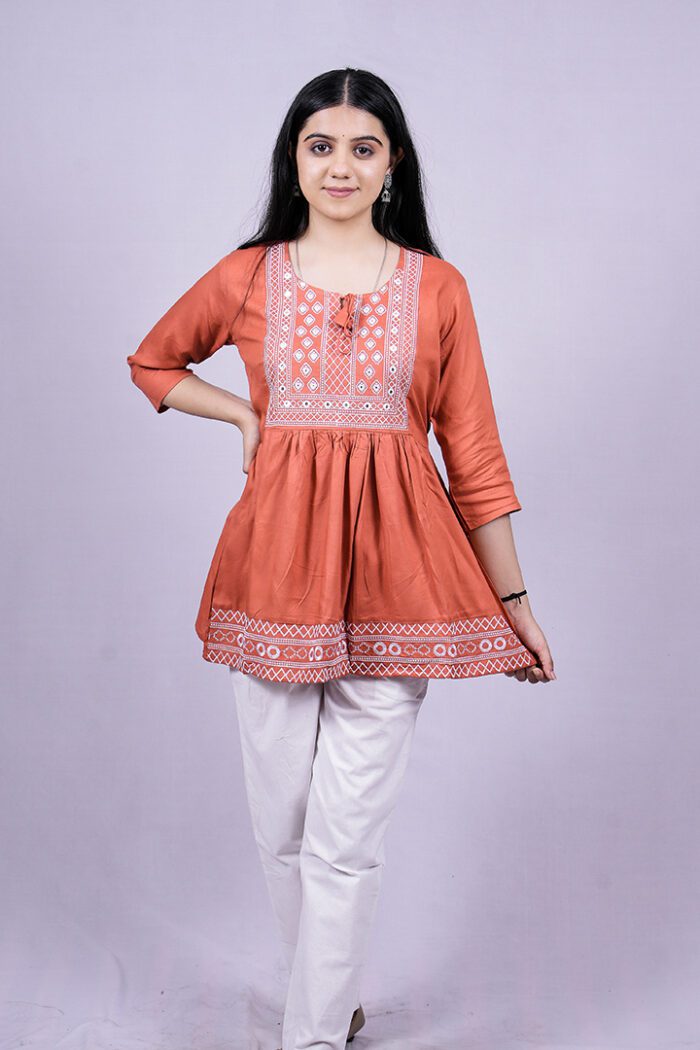 Chikankari Embroidery Short Kurti with Tassels (Dark Peach) - Image 1