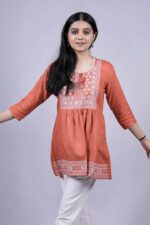 Chikankari Embroidery Short Kurti with Tassels (Dark Peach) - Image 5
