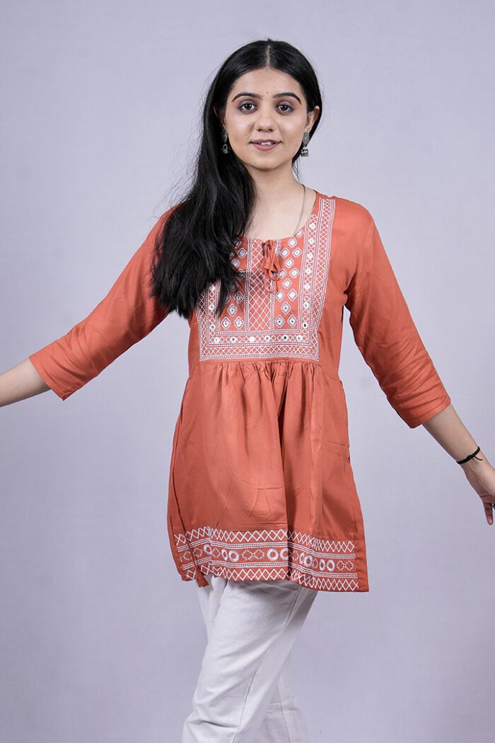 Chikankari Embroidery Short Kurti with Tassels (Dark Peach) - Image 5