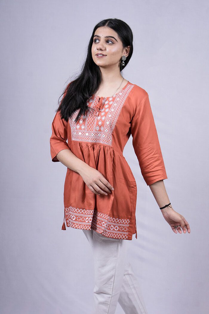 Chikankari Embroidery Short Kurti with Tassels (Dark Peach) - Image 6